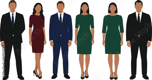 ofessional business people standing together in formal wear, diverse group of men and women, office fashion, corporate team, flat vector illustration, modern workplace