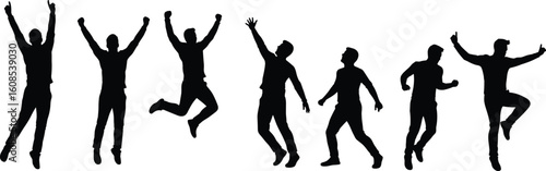 Silhouette of six men jumping, dancing energetically in mid-air, isolated white background, freedom, teamwork, joy, lifestyle, dynamic poses