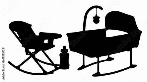 Silhouette of a rocking chair baby bottle and a baby cradle with hanging toy on a white background scene | editable eps vectors