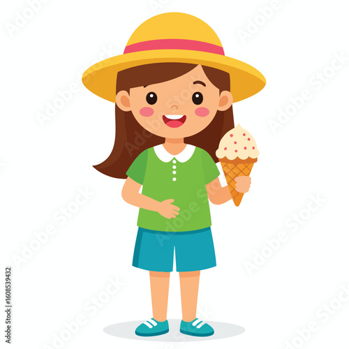 A cheerful girl wearing a hat and holding an ice cream cone.