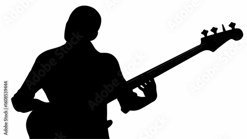 Silhouette of a musician playing a bass guitar with headstock and tuning pegs visible in black and white | editable eps vectors