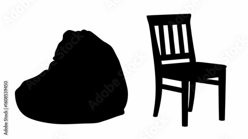Silhouette illustration showing a beanbag and a chair depicting furniture items on a white background | editable eps vectors