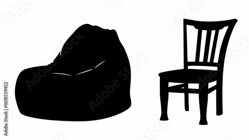 Black silhouettes of a beanbag chair and a wooden chair on a white background in a simple illustration | editable eps vectors