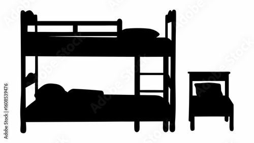 Silhouette of a bunk bed with pillows and a ladder next to a small bed with a pillow on top of it shown | editable eps vectors