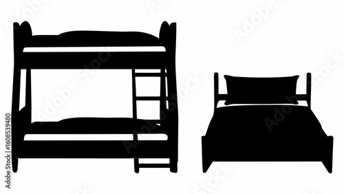 Silhouette of a bunk bed with a ladder next to a single bed with pillow and headboard shown clearly | editable eps vectors