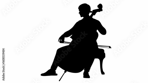Silhouette of a cellist playing cello while seated on a chair in a musical performance setting shown here | editable eps vectors
