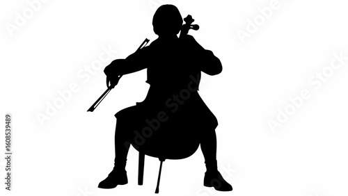 Silhouette of a cellist playing cello with bow while sitting on a chair in a white background image | editable eps vectors