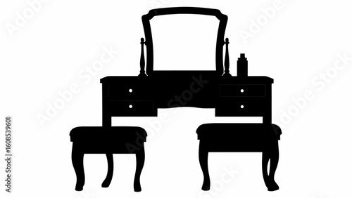 Silhouette of a vanity table with a mirror, two stools, and a bottle, showing a classic furniture style | editable eps vectors