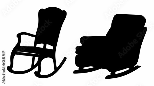 Silhouette depiction of two rocking chairs one with armrests and a high back and one upholstered style | editable eps vectors