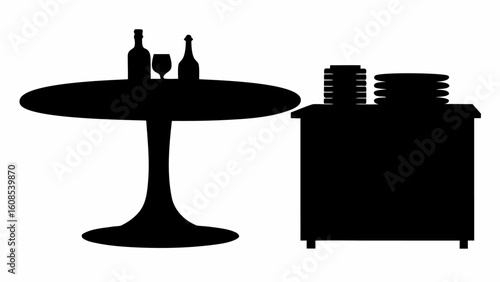 Silhouette of round table with bottles and glass next to cabinet with stacked plates and bowls | editable eps vectors
