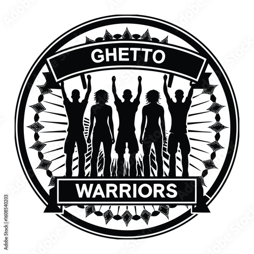 A gritty ghetto warriors silhouette, fierce and strong, standing united in urban shadows, ready to face challenges with courage and street-smart resilience.
