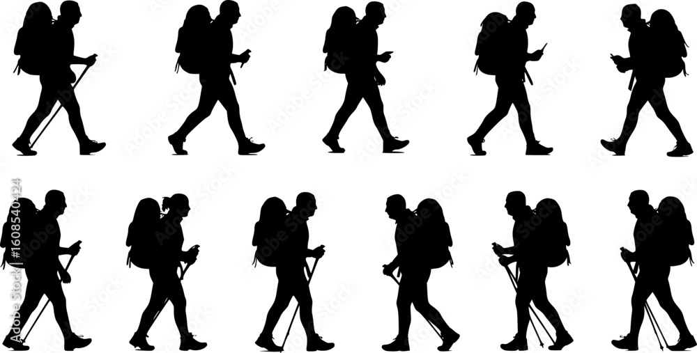 Fototapeta premium Hikers Walking Silhouettes Backpacks Travel Adventure Journey 