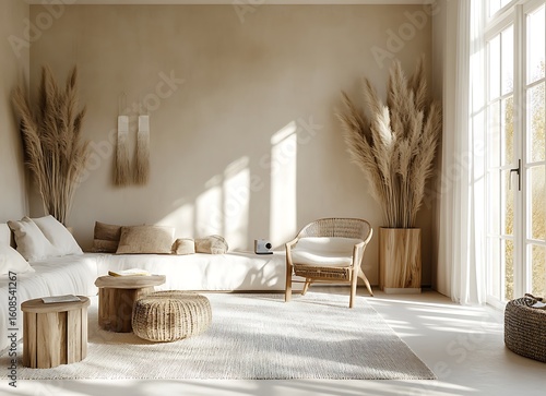 Serene Living Room in Bohemian Style: A tranquil living room designed with a bohemian aesthetic, featuring natural textures, soft colors, and an abundance of sunlight, creating a relaxing sanctuary.