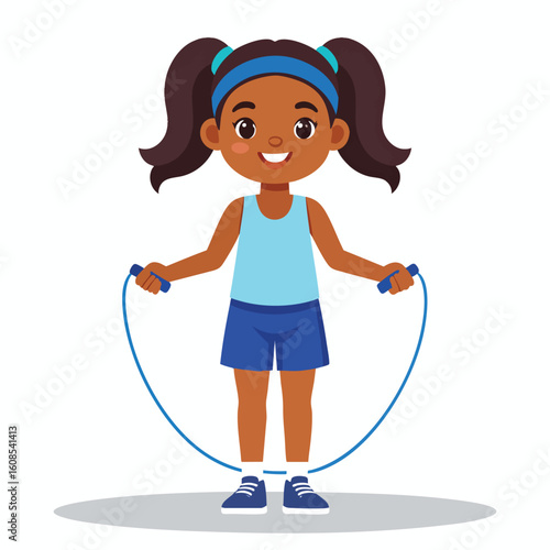 A young African-American girl, smiling, is about to jump rope, holding the rope handles, wearing blue athletic clothes.