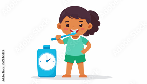 Young girl brushing teeth with toothbrush and timer, promoting healthy dental hygiene habits