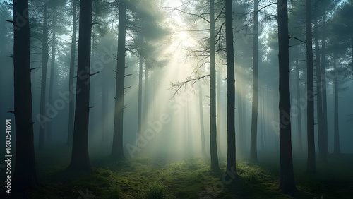 Sunlight streaming through the misty forest treescape