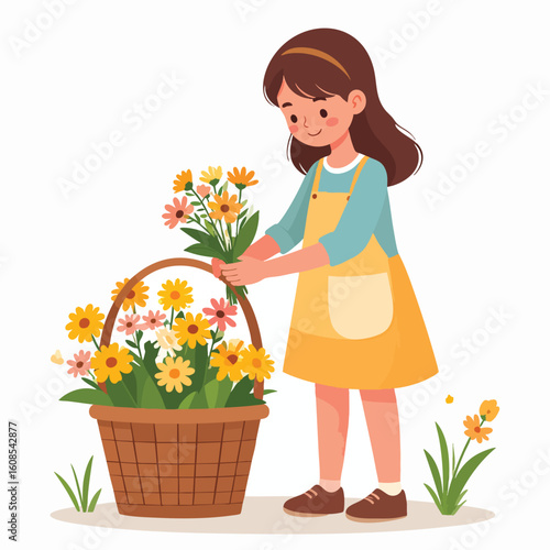 A young girl arranging colorful flowers into a wicker basket, outdoors.