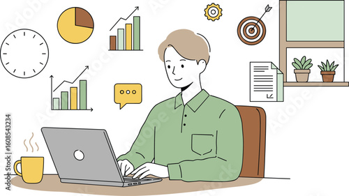 Young man working on laptop at office desk in cartoon vector illustration