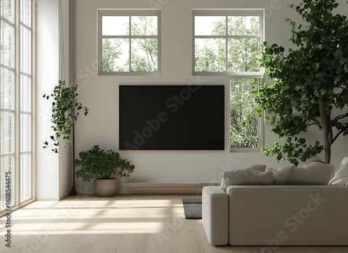 Serene Living Room with Natural Light: A bright and inviting living room, enhanced by natural light and the calming presence of indoor plants. The space features a sleek television.