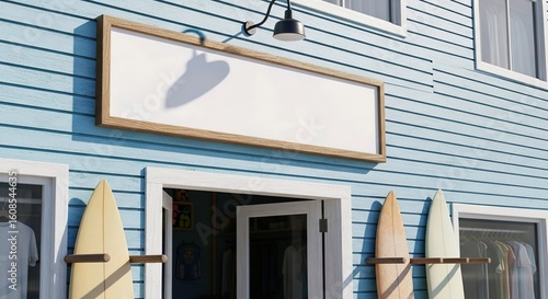 Blank Signage on Blue Coastal Shop Exterior with Surfboards