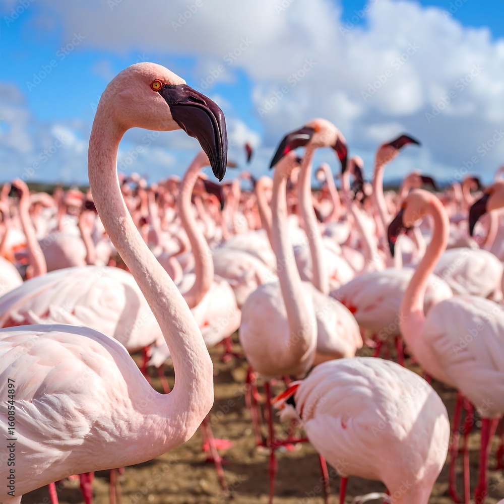 Naklejka premium Flock of pink flamingos