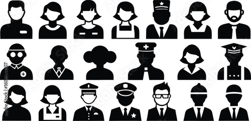 Vector art of a diverse collection of professional icons representing various careers and occupations isolated on transparent background.