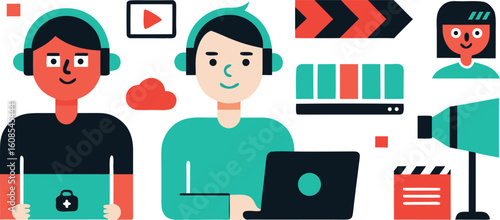 Vector art of two people working in video production with equipment like a camera and laptop isolated on transparent background.