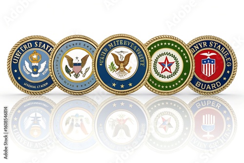 Five us military service branch emblem rings lined up together