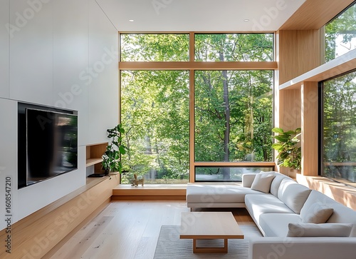 A modern living room with large windows, white walls, and light wood floors
