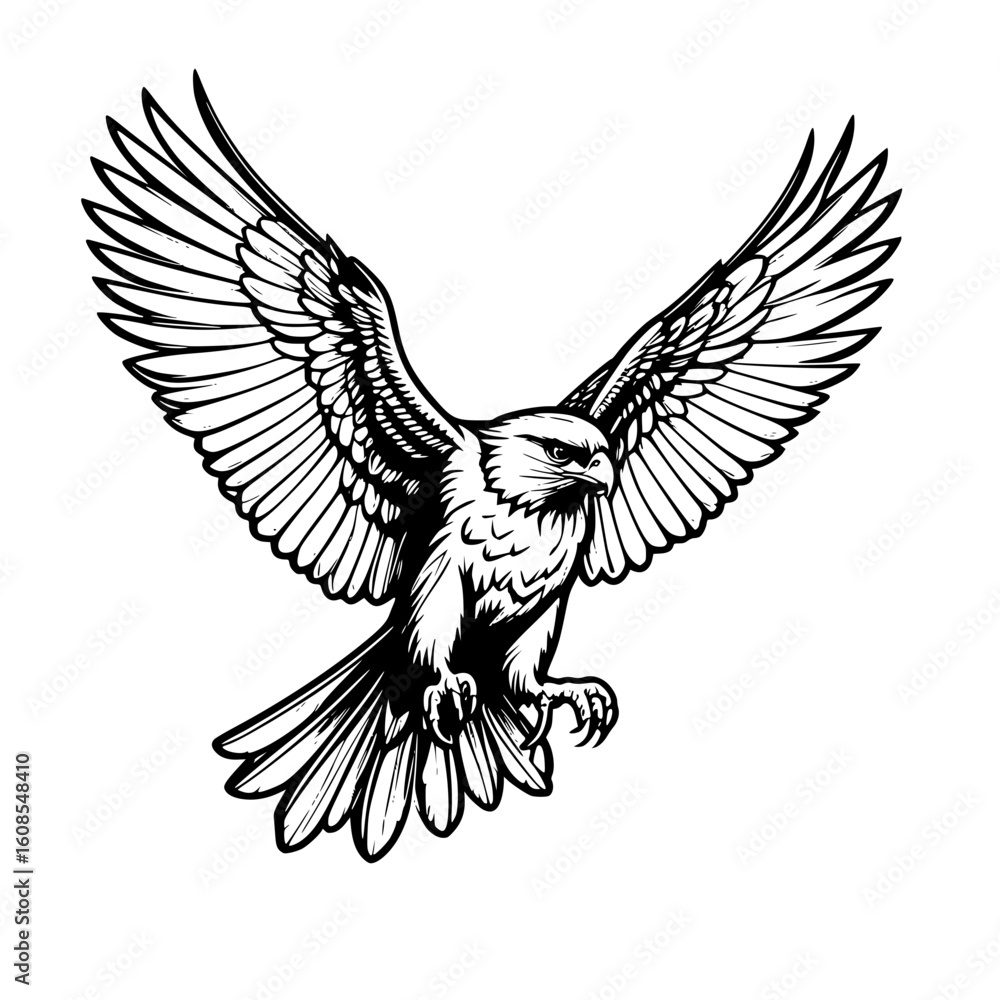 Fototapeta premium Striking black and white illustration of a magnificent raptor soaring with wings fully extended, embodying the essence of power, freedom, and untamed wilderness in a dynamic, stoic pose.
