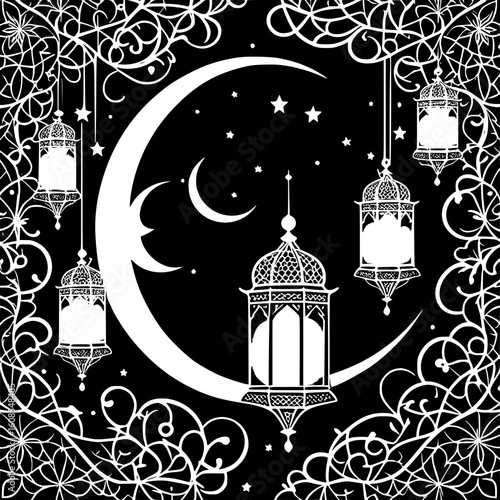 Elegant Ramadan Illustration Crescent Moon, Stars, and Lanterns in a Decorative Frame for Festive Celebrations and Spiritual Design Projects