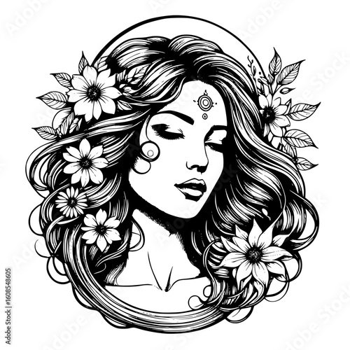 A beautiful illustration of a serene woman as a nature goddess with flowers in her long, flowing hair. A black and white spiritual portrait with a tranquil expression.
