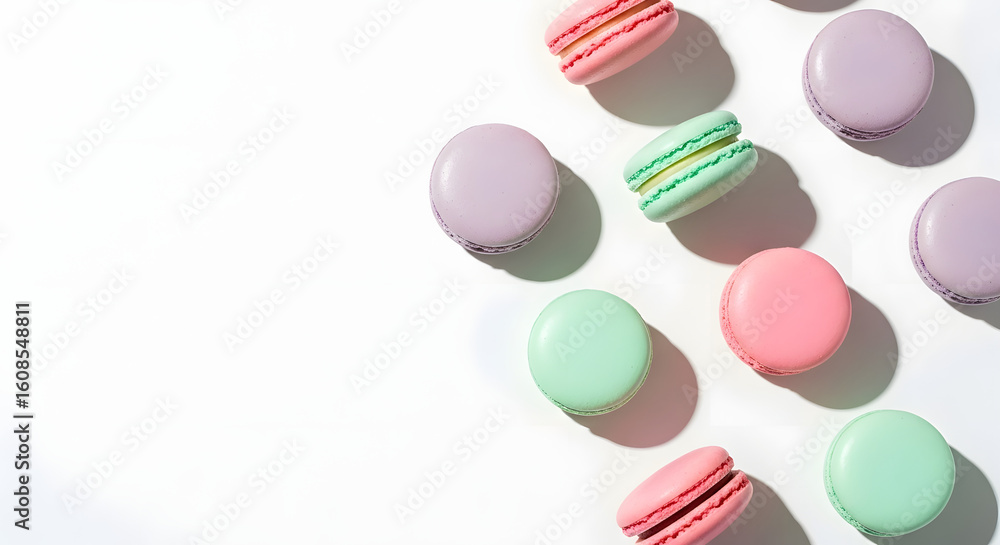 Obraz premium Vibrant macarons arranged artfully, offering a delightful sweet treat aesthetic