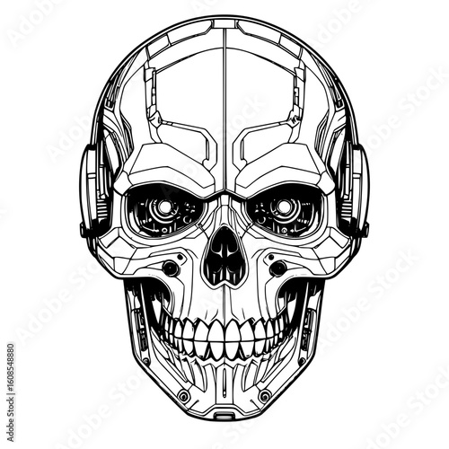 Striking Line Art Illustration of a Futuristic Cyborg Skull with Intricate Mechanical Details and Glowing Eyes, Symbolizing the Fusion of Humanity and Technology