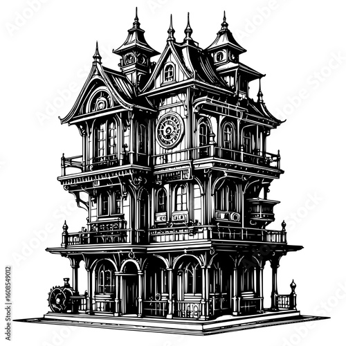 Grand Victorian Mansion Architectural Illustration of a Historic House