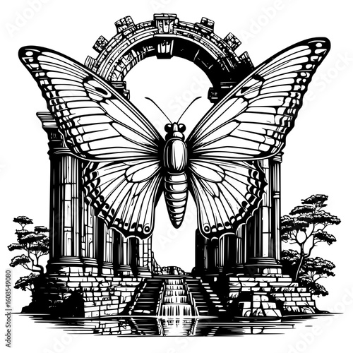 Surreal ancient ruins with a large butterfly emerging, symbolizing transformation and the juxtaposition of nature and forgotten civilizations, creating a mystical and dreamlike atmosphere.