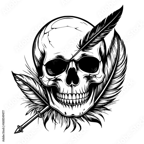 Skull with Quill and Feather - Tattoo Design