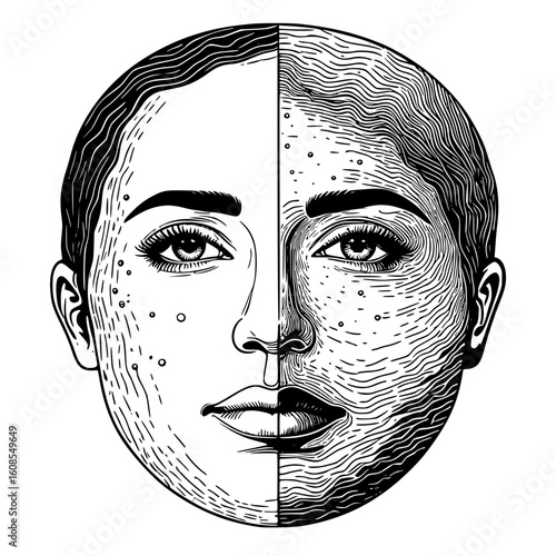 Comparison of Healthy and Unhealthy Skin A Detailed Black and White Illustration of a Face Showcasing Skincare and Acne Concepts