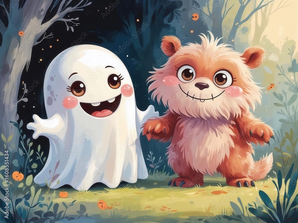Obraz premium Two adorable ghosts and a friendly fluffy monster sitting in a magical forest at night. A cute and whimsical autumn scene with glowing pumpkins