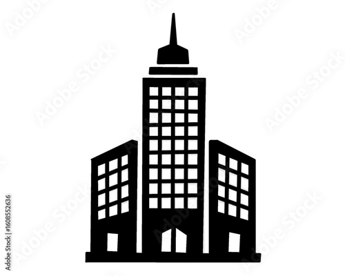 Building silhouette. Black and white hotel icon. Tall building isolated on a white background. Vector illustration.
