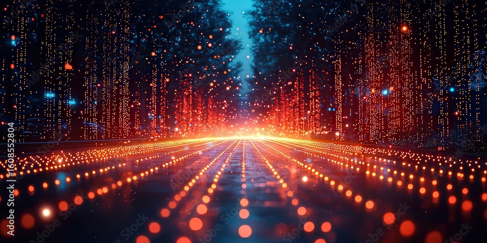 Fototapeta premium Vibrant illuminated pathway lined with glowing lights, creating a magical atmosphere perfect for festive events or holiday promotions.
