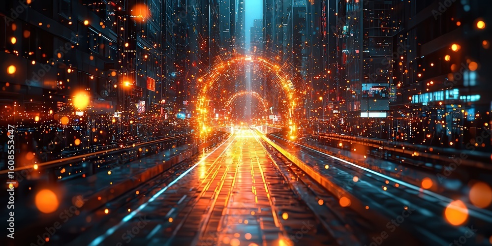 Obraz premium Futuristic cityscape with glowing orange portal and vibrant sparks, creating a dynamic atmosphere of innovation and technology.