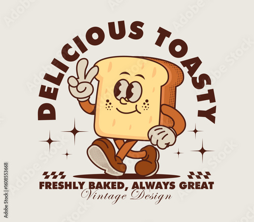 retro cartoon bread slice character with a cheerful expression. perfect for poster, t-shirt design, sticker and more