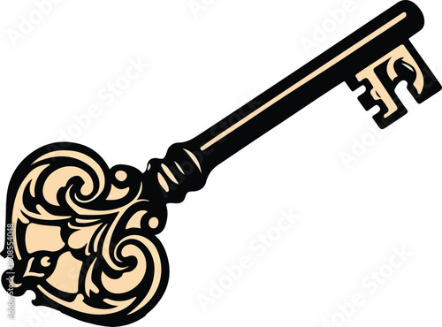 Ornate black and tan antique key with decorative scrollwork style vector illustration EPS file download	