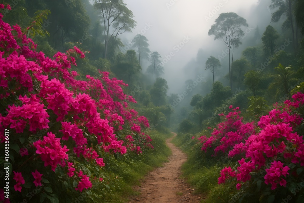 Jungle Trail with Blooming Pink Flowers and Foggy Atmosphere Jungle Trail with Blooming Pink Flowers and Foggy Atmosphere