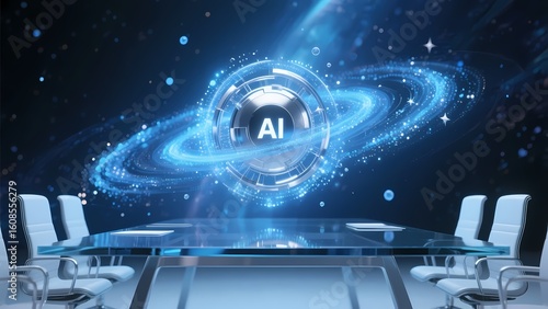 Holographic AI - themed universe in a conference room, showcasing futuristic tech concepts.