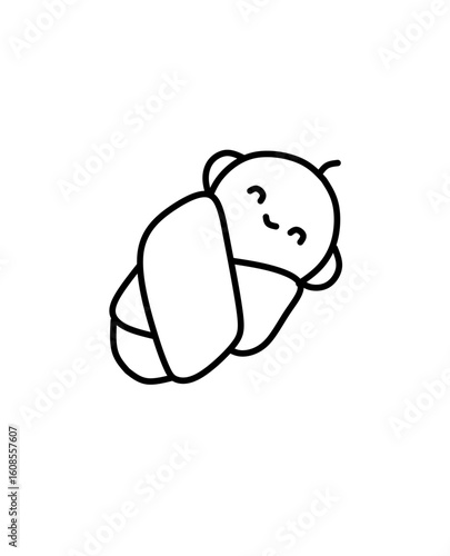 Adorable minimalist line art of a swaddled baby with a happy face. Symbolizes innocence, comfort, and new beginnings—perfect for baby-related designs.