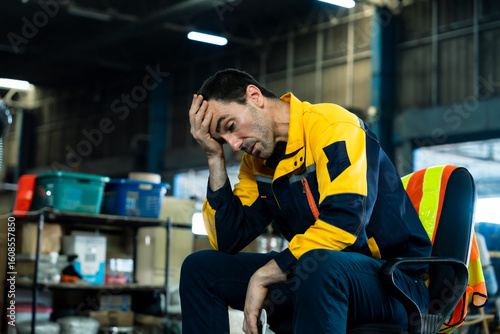 Adult male warehouse employee sitting on chair feeling exhausted after work wearing yellow uniform inside industrial storage area showing signs of fatigue and overwork, inside logistics warehouse.