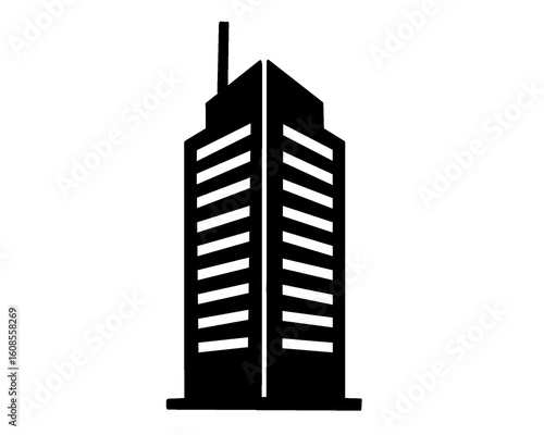 Building silhouette. Black and white hotel icon. Tall building isolated on a white background. Vector illustration.
