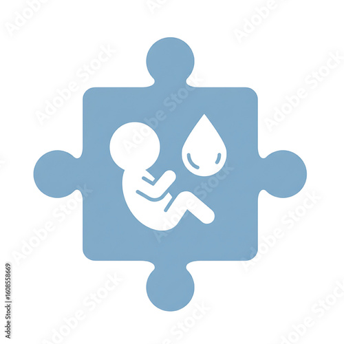 A light blue puzzle piece featuring a white embryo and a white teardrop shape.